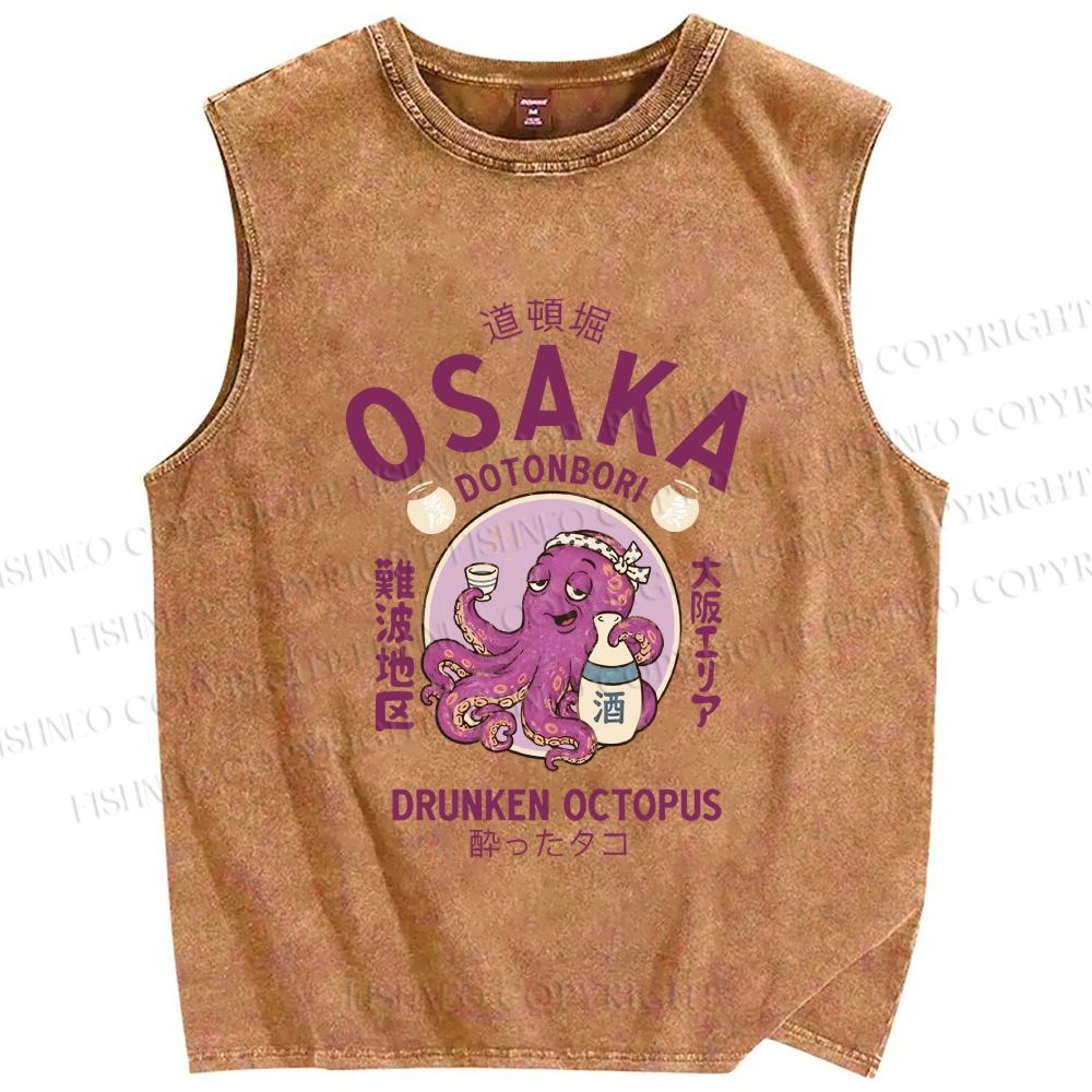 Unisex Osaka Drunken Octopus Printed Washed Tank Top