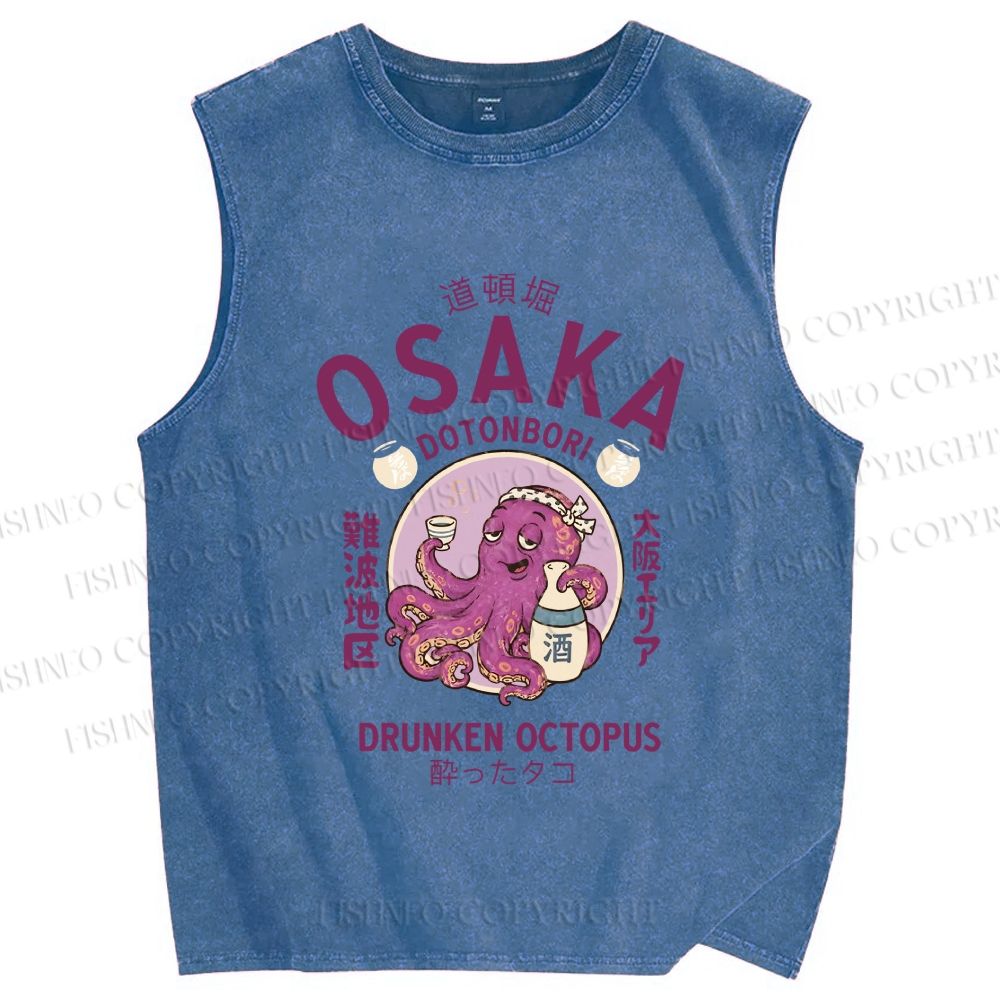 Unisex Osaka Drunken Octopus Printed Washed Tank Top