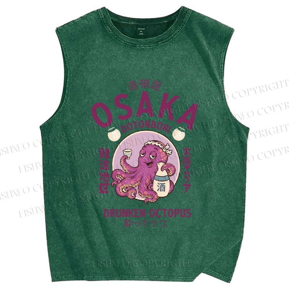 Unisex Osaka Drunken Octopus Printed Washed Tank Top