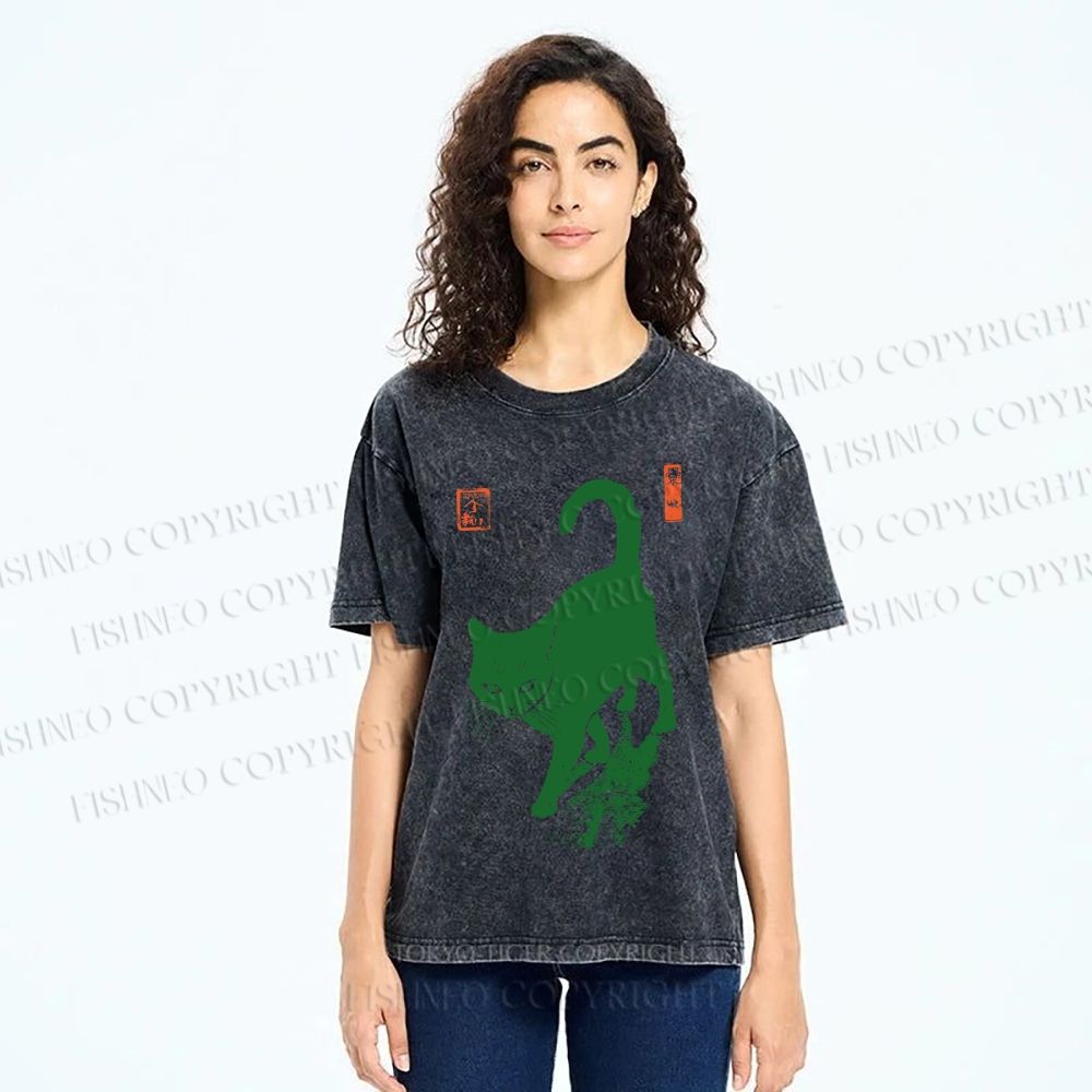 Unisex Cat Printed Washed Tee