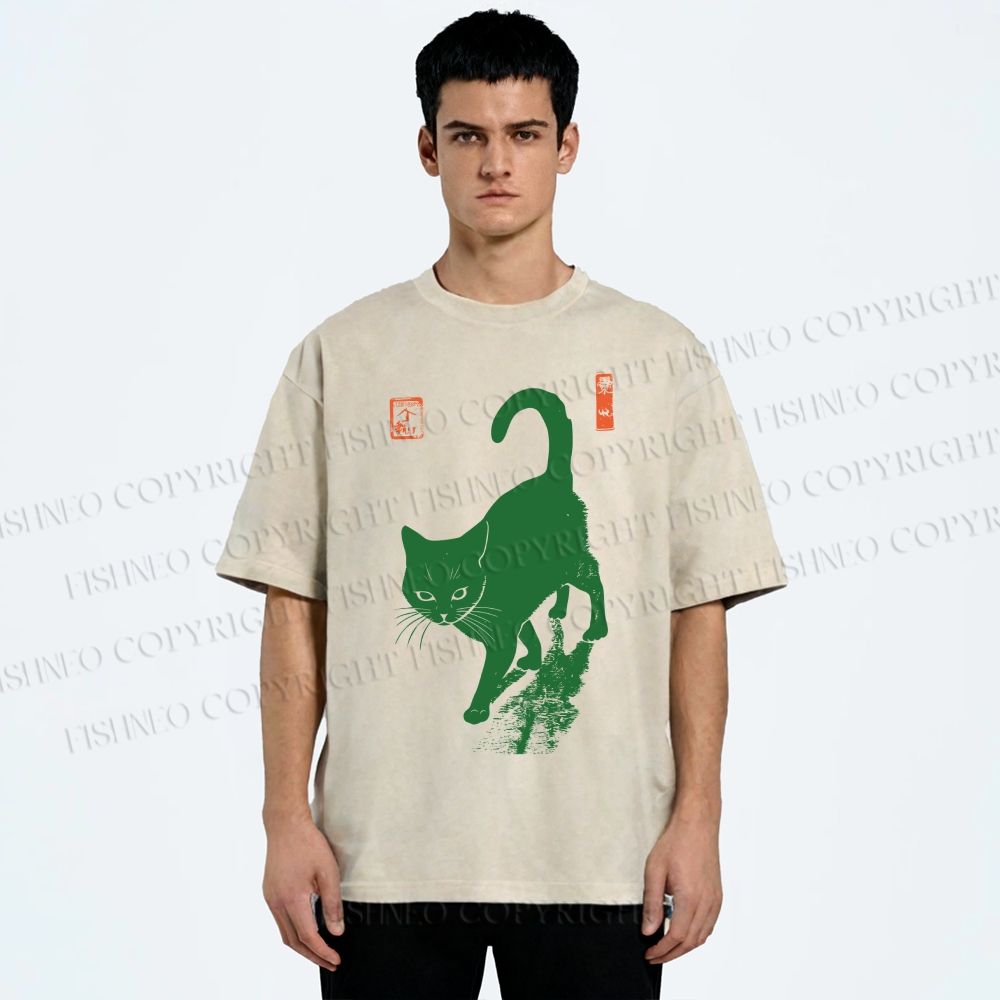 Unisex Cat Printed Washed Tee