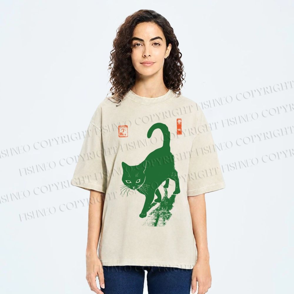 Unisex Cat Printed Washed Tee