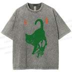 Unisex Cat Printed Washed Tee