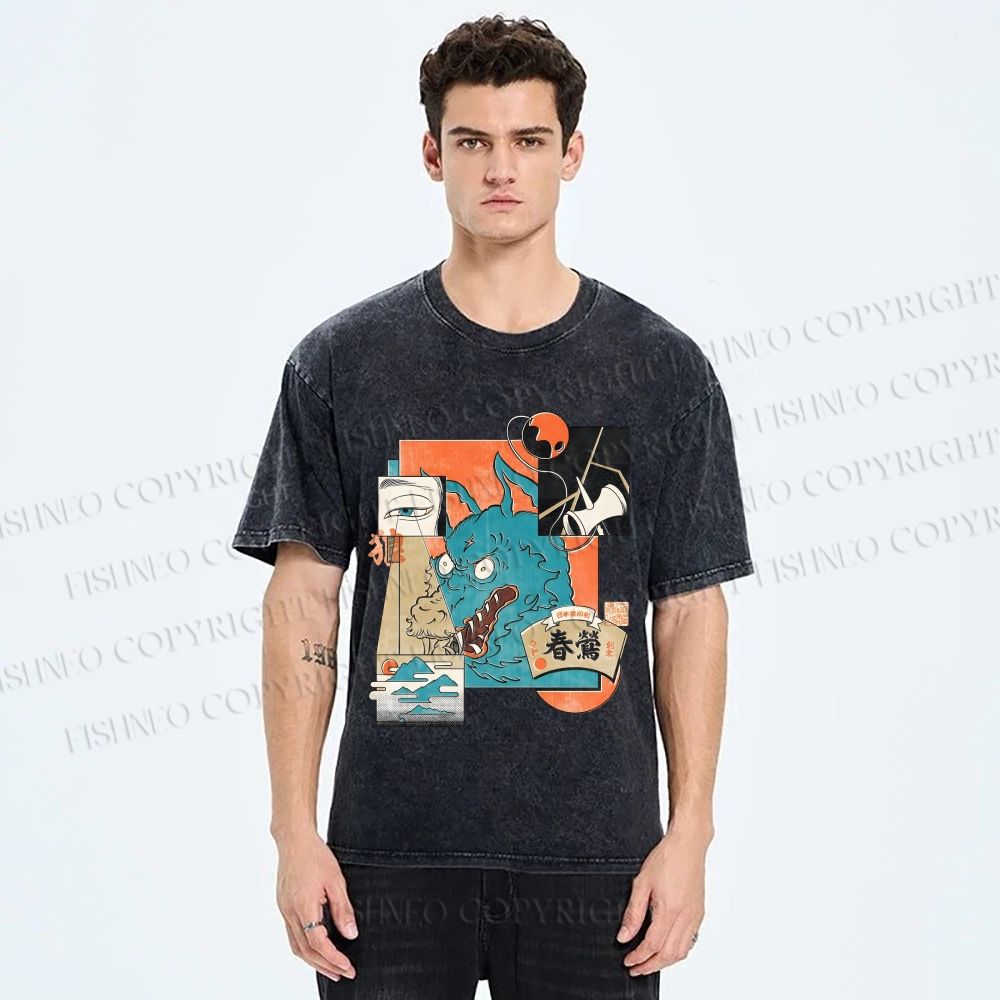 Unisex Neko Wave Kaiju Printed Washed Tee