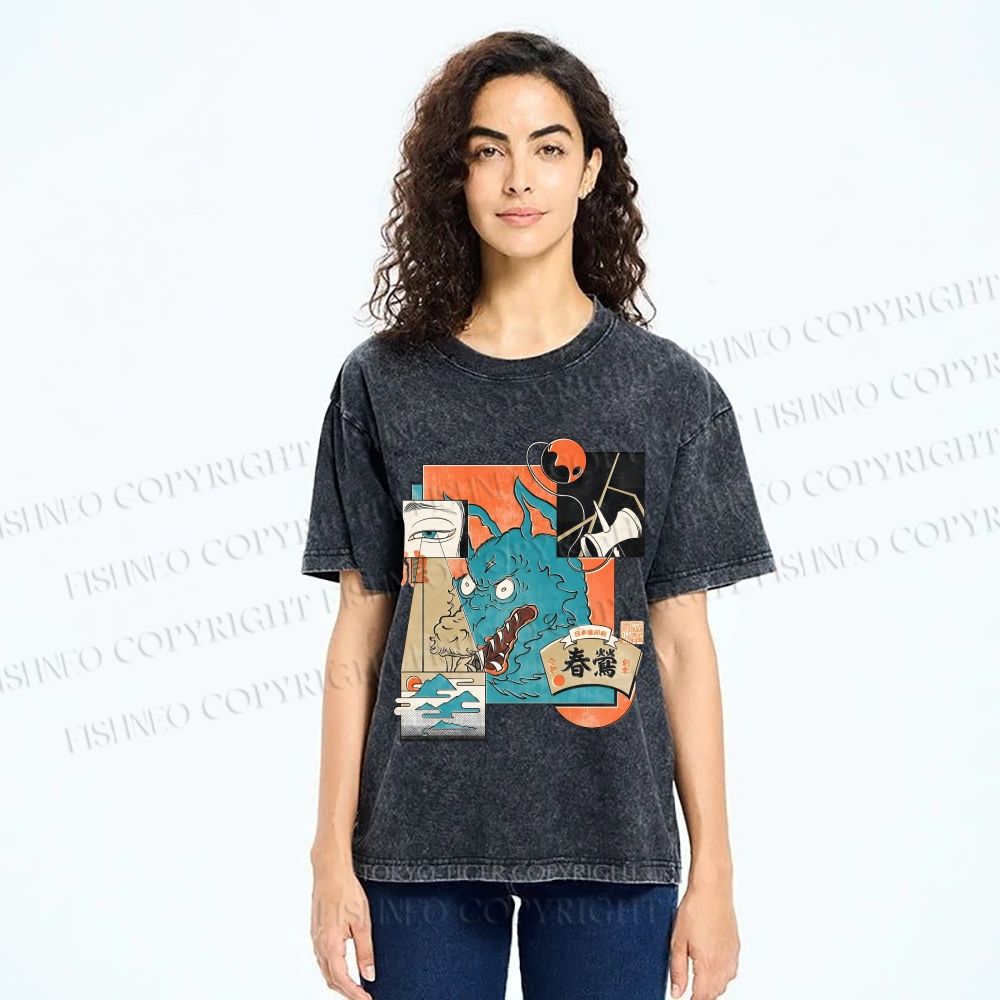 Unisex Neko Wave Kaiju Printed Washed Tee