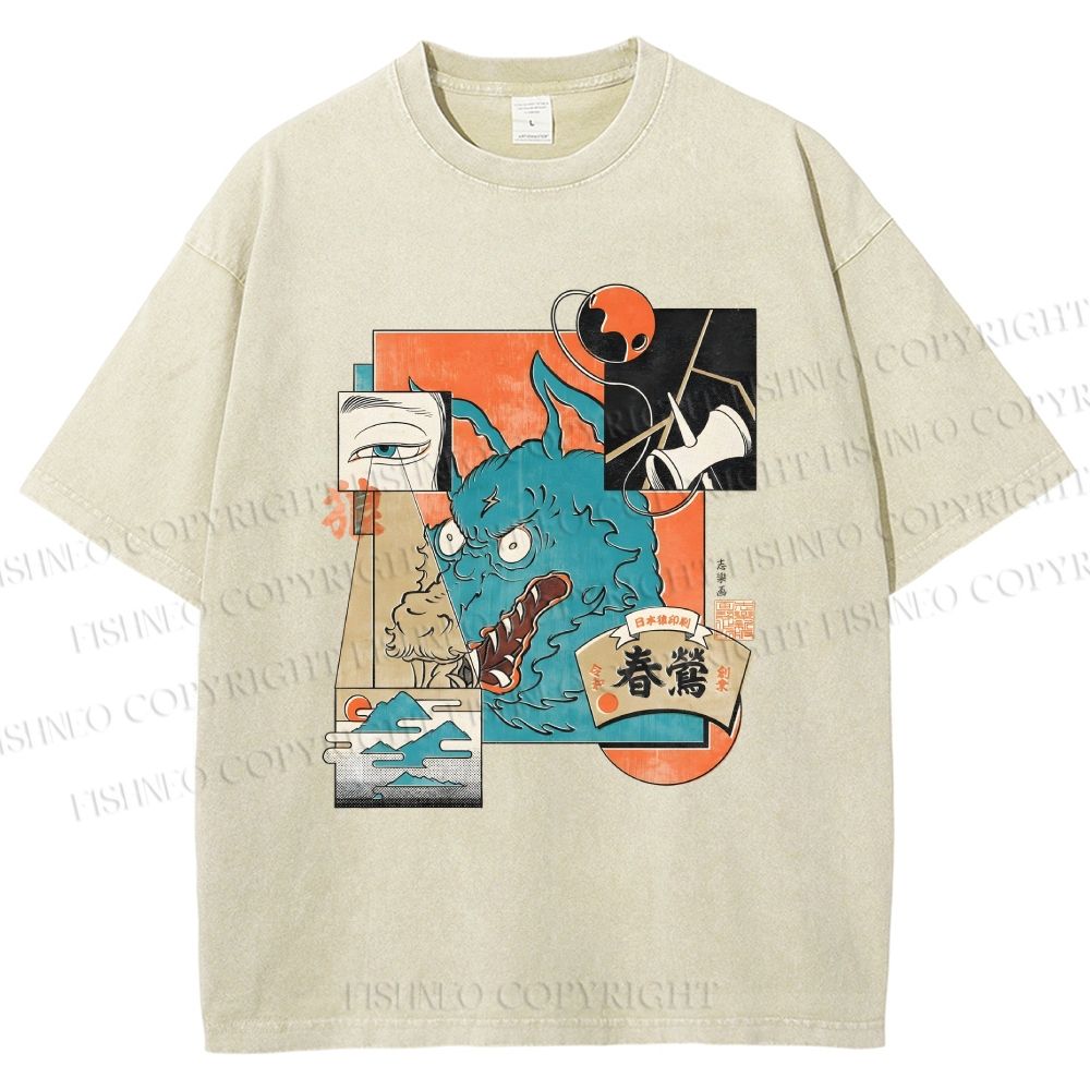 Unisex Neko Wave Kaiju Printed Washed Tee