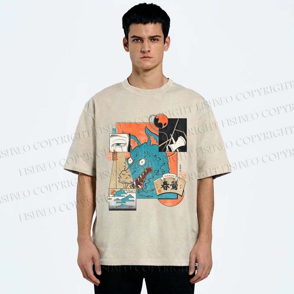 Unisex Neko Wave Kaiju Printed Washed Tee