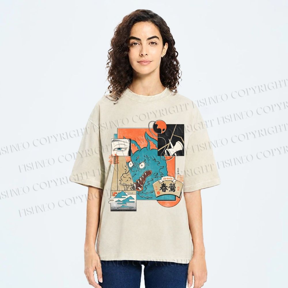 Unisex Neko Wave Kaiju Printed Washed Tee
