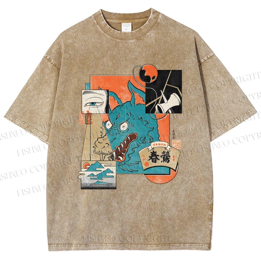 Unisex Neko Wave Kaiju Printed Washed Tee