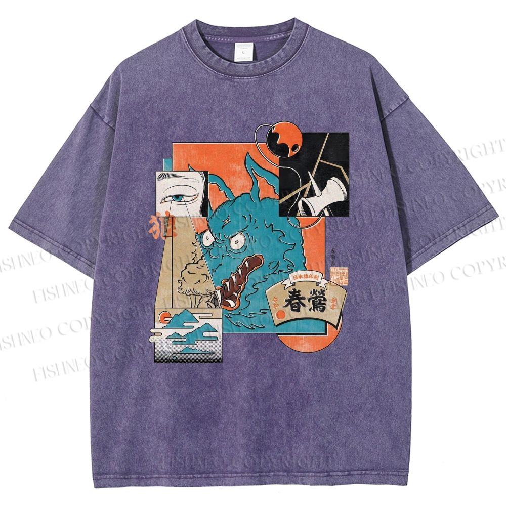 Unisex Neko Wave Kaiju Printed Washed Tee