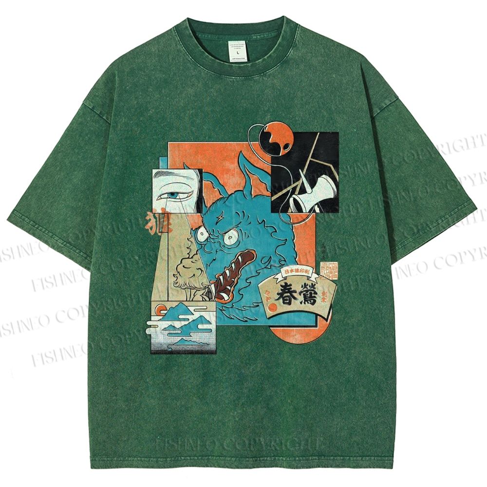 Unisex Neko Wave Kaiju Printed Washed Tee
