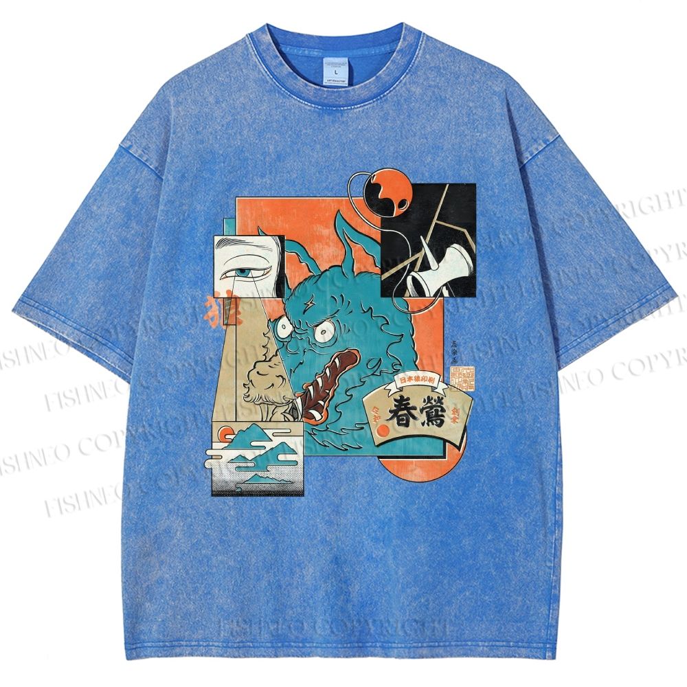 Unisex Neko Wave Kaiju Printed Washed Tee