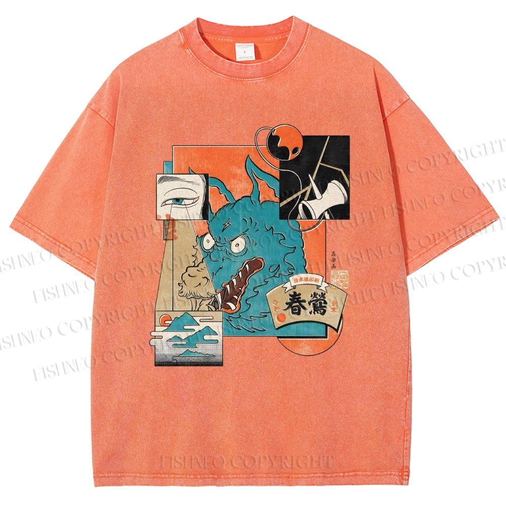 Unisex Neko Wave Kaiju Printed Washed Tee