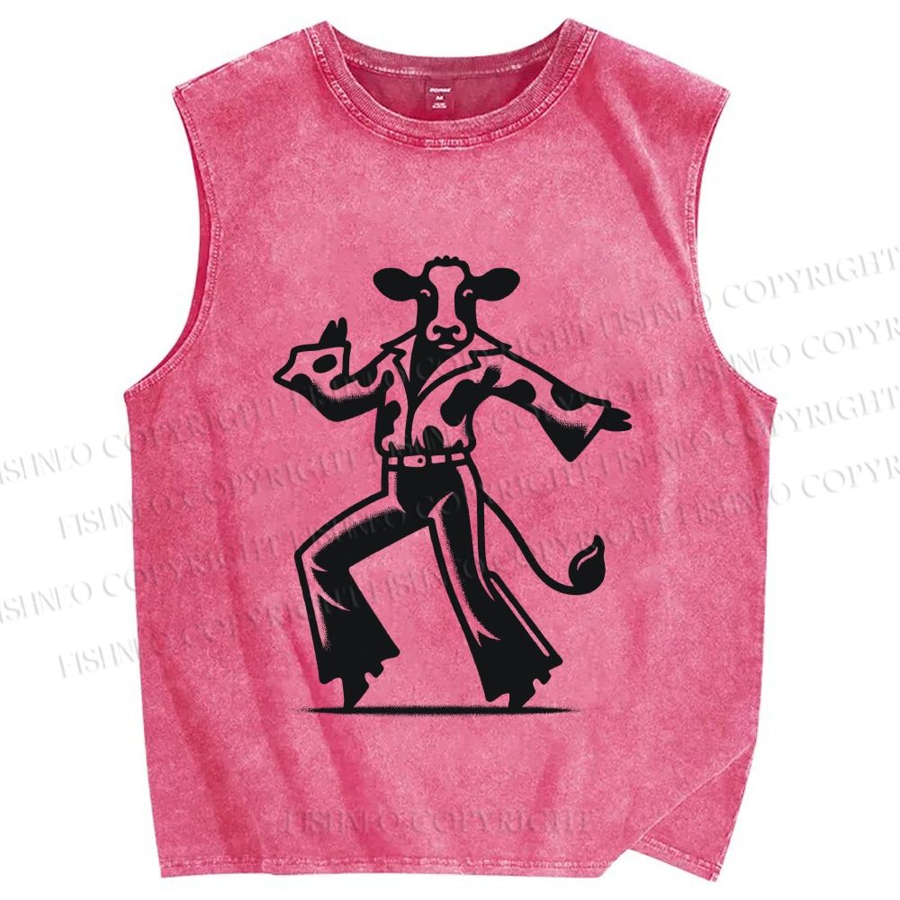 Unisex Disco Dancing Dairy Cow Printed Washed Tank Top