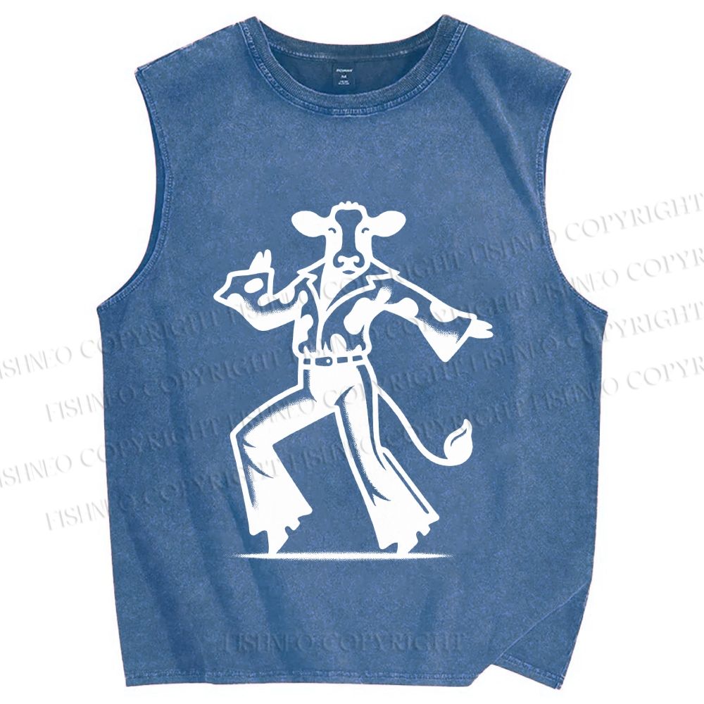 Unisex Disco Dancing Dairy Cow Printed Washed Tank Top