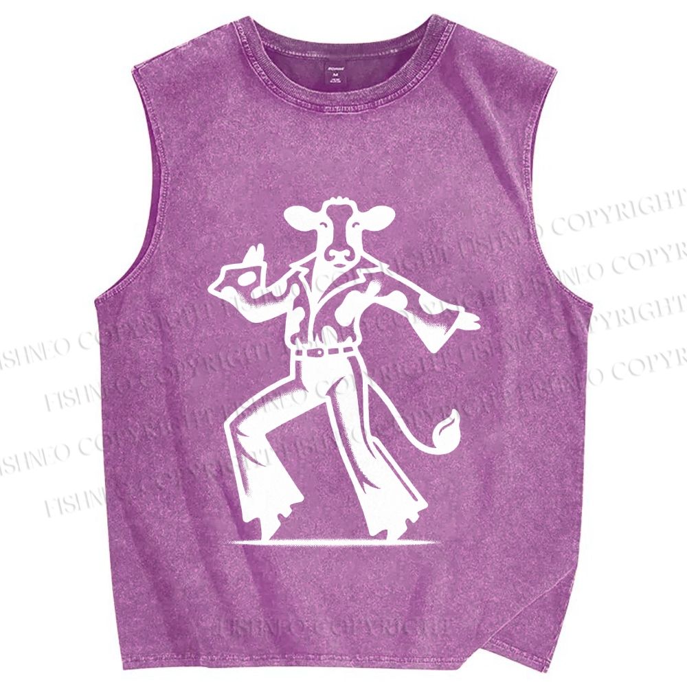 Unisex Disco Dancing Dairy Cow Printed Washed Tank Top