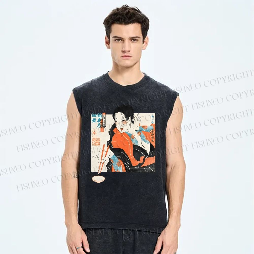Unisex Woman Samurai Ninja Printed Washed Tank Top