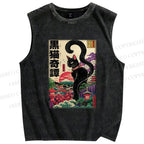 Unisex Black Cat Printed Washed Tank Top