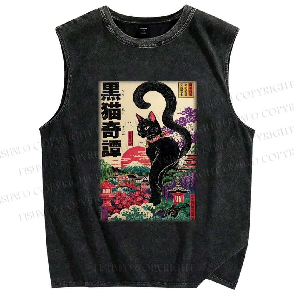 Unisex Black Cat Printed Washed Tank Top