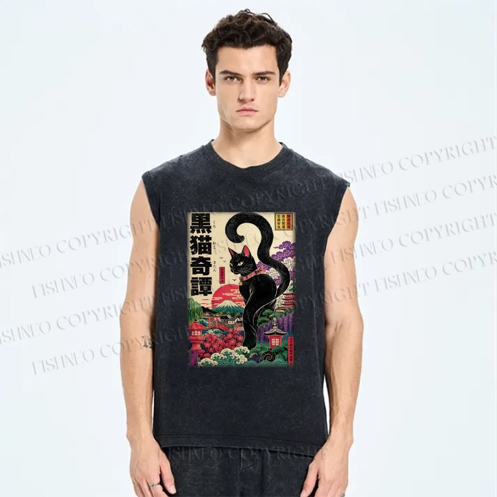 Unisex Black Cat Printed Washed Tank Top