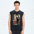 Unisex Black Cat Printed Washed Tank Top
