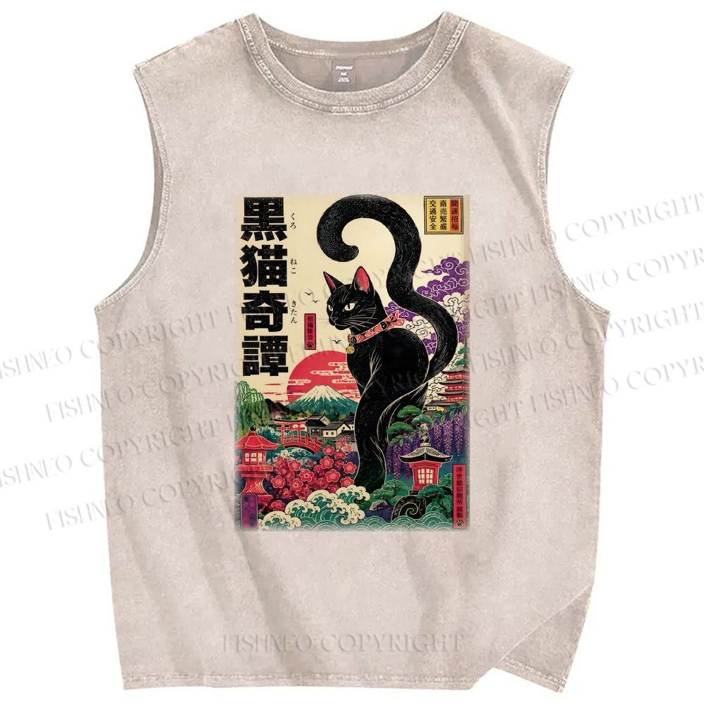 Unisex Black Cat Printed Washed Tank Top