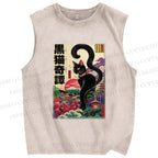 Unisex Black Cat Printed Washed Tank Top