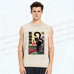 Unisex Black Cat Printed Washed Tank Top