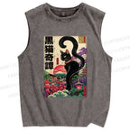 Unisex Black Cat Printed Washed Tank Top
