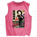 Unisex Black Cat Printed Washed Tank Top