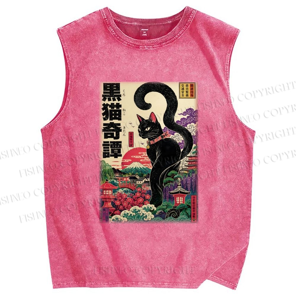 Unisex Black Cat Printed Washed Tank Top
