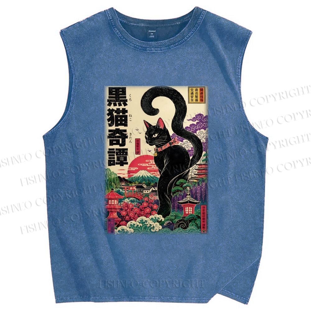 Unisex Black Cat Printed Washed Tank Top