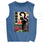 Unisex Black Cat Printed Washed Tank Top