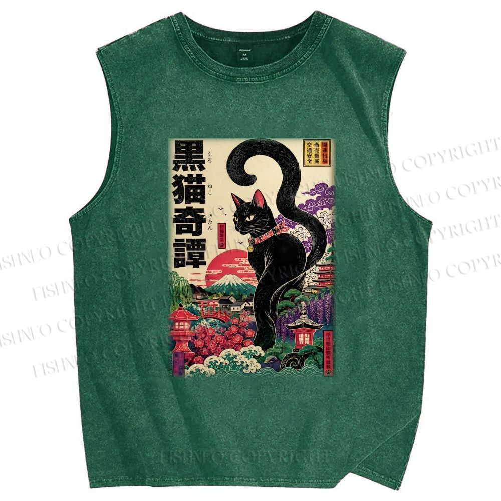 Unisex Black Cat Printed Washed Tank Top