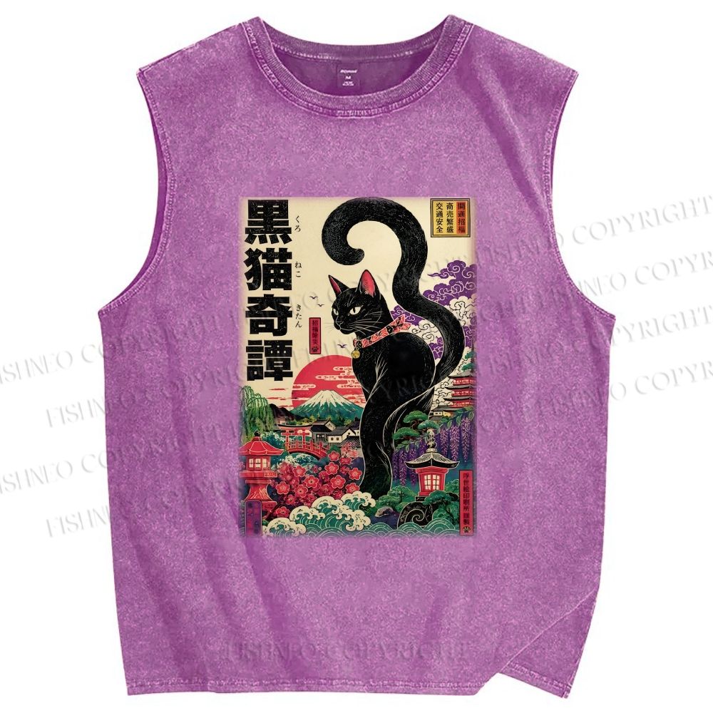 Unisex Black Cat Printed Washed Tank Top