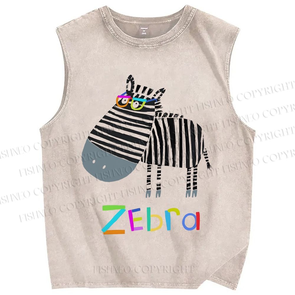Unisex Funny Zebra Wearing Glasses Printed Washed Tank Top