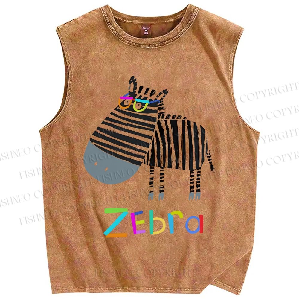 Unisex Funny Zebra Wearing Glasses Printed Washed Tank Top