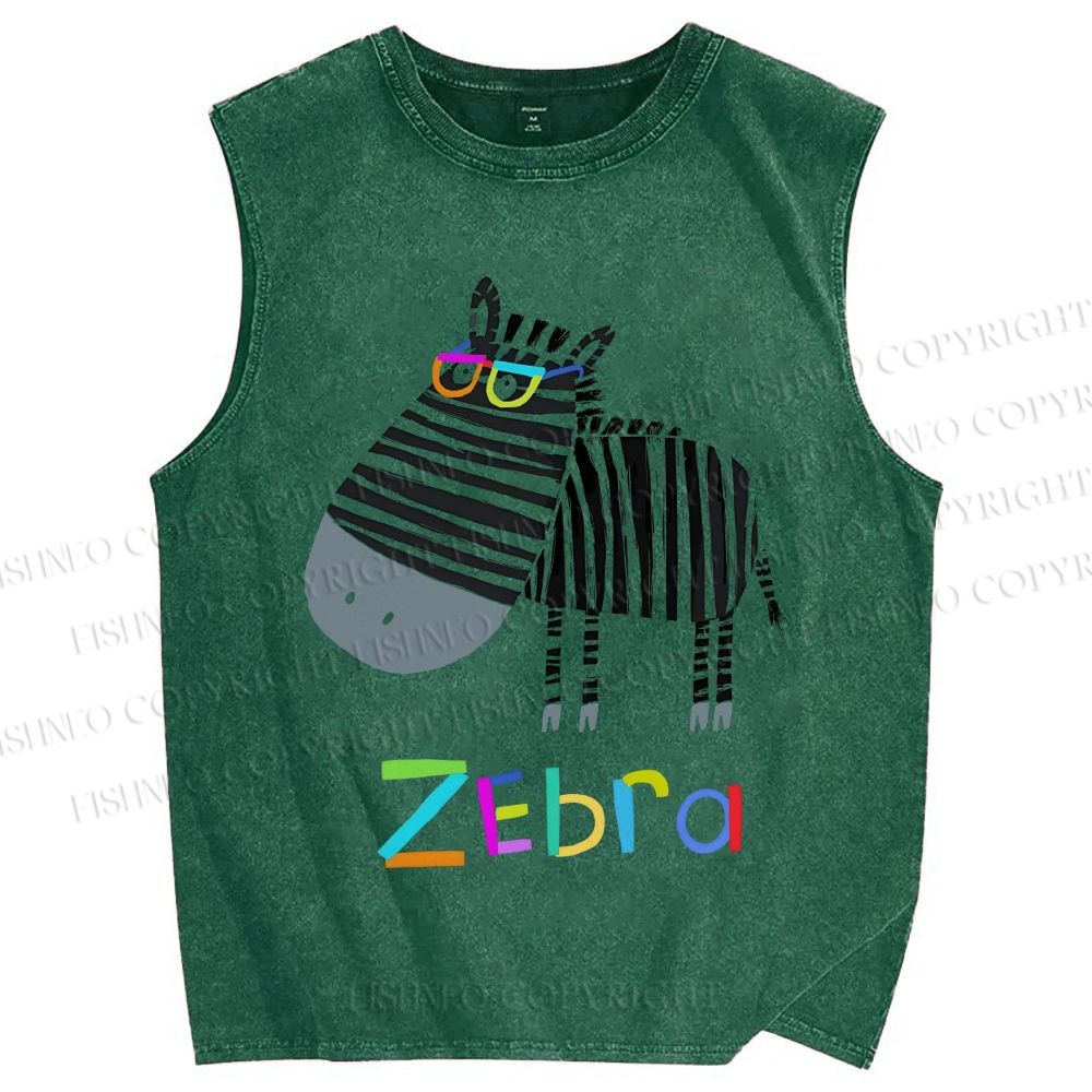 Unisex Funny Zebra Wearing Glasses Printed Washed Tank Top