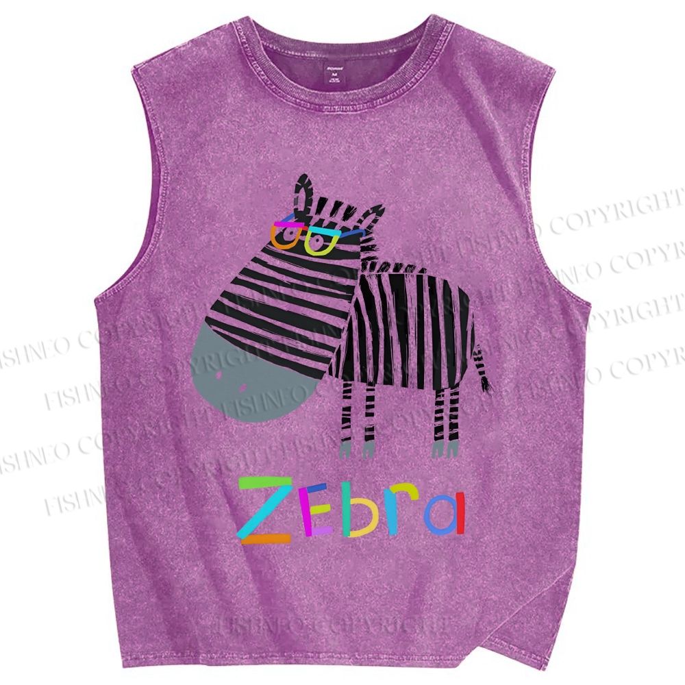 Unisex Funny Zebra Wearing Glasses Printed Washed Tank Top