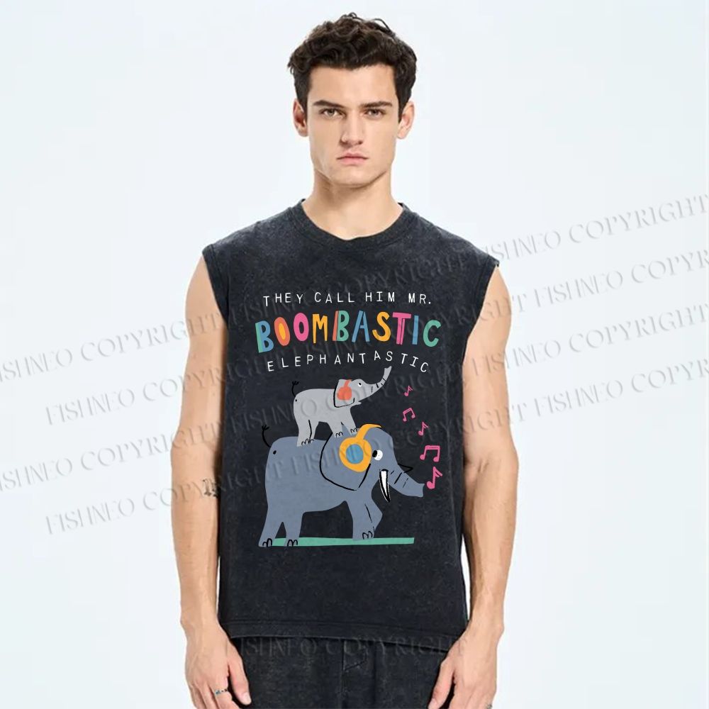 Unisex Elephants Printed Washed Tank Top