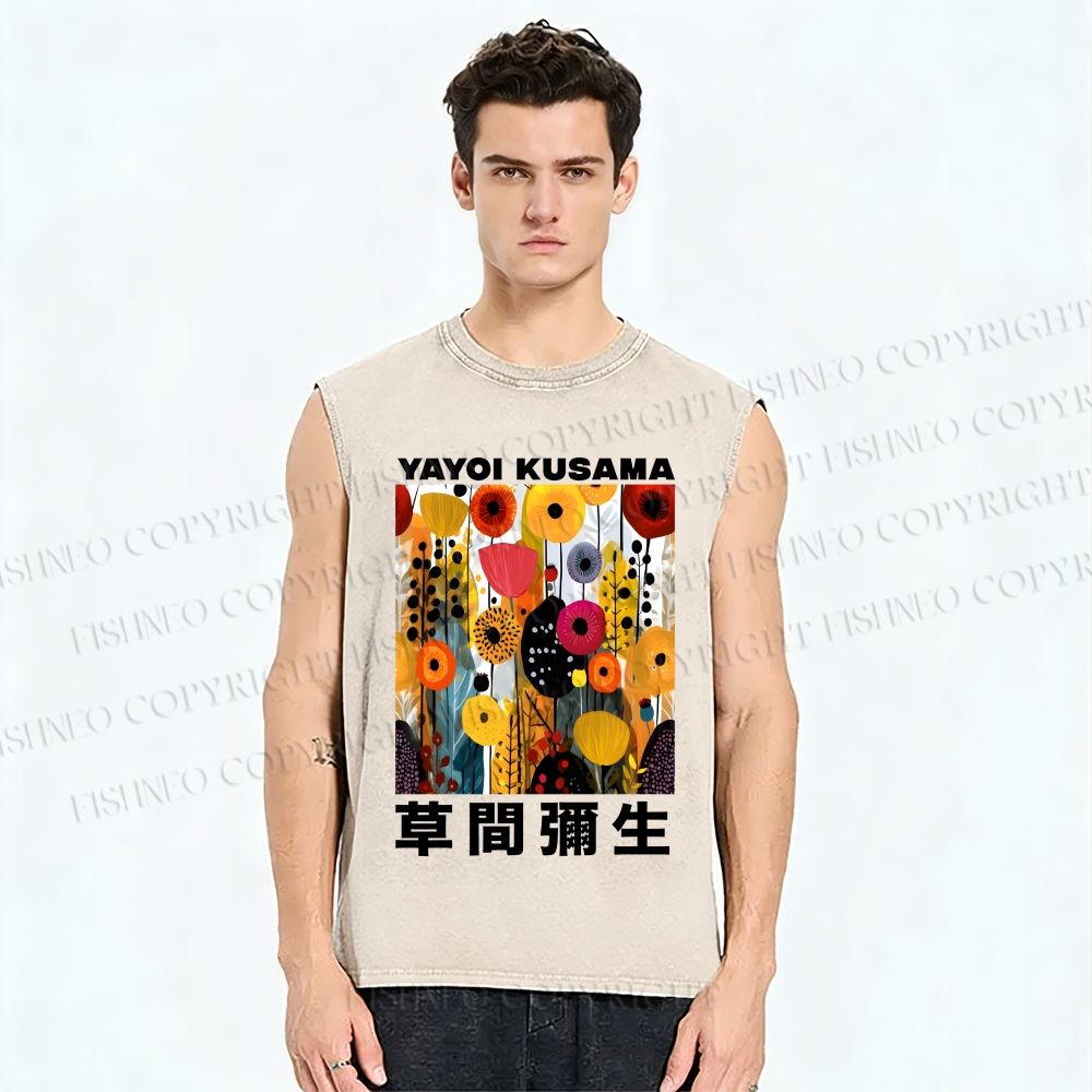 Unisex Yayoi Kusama Flowers Printed Washed Tank Top