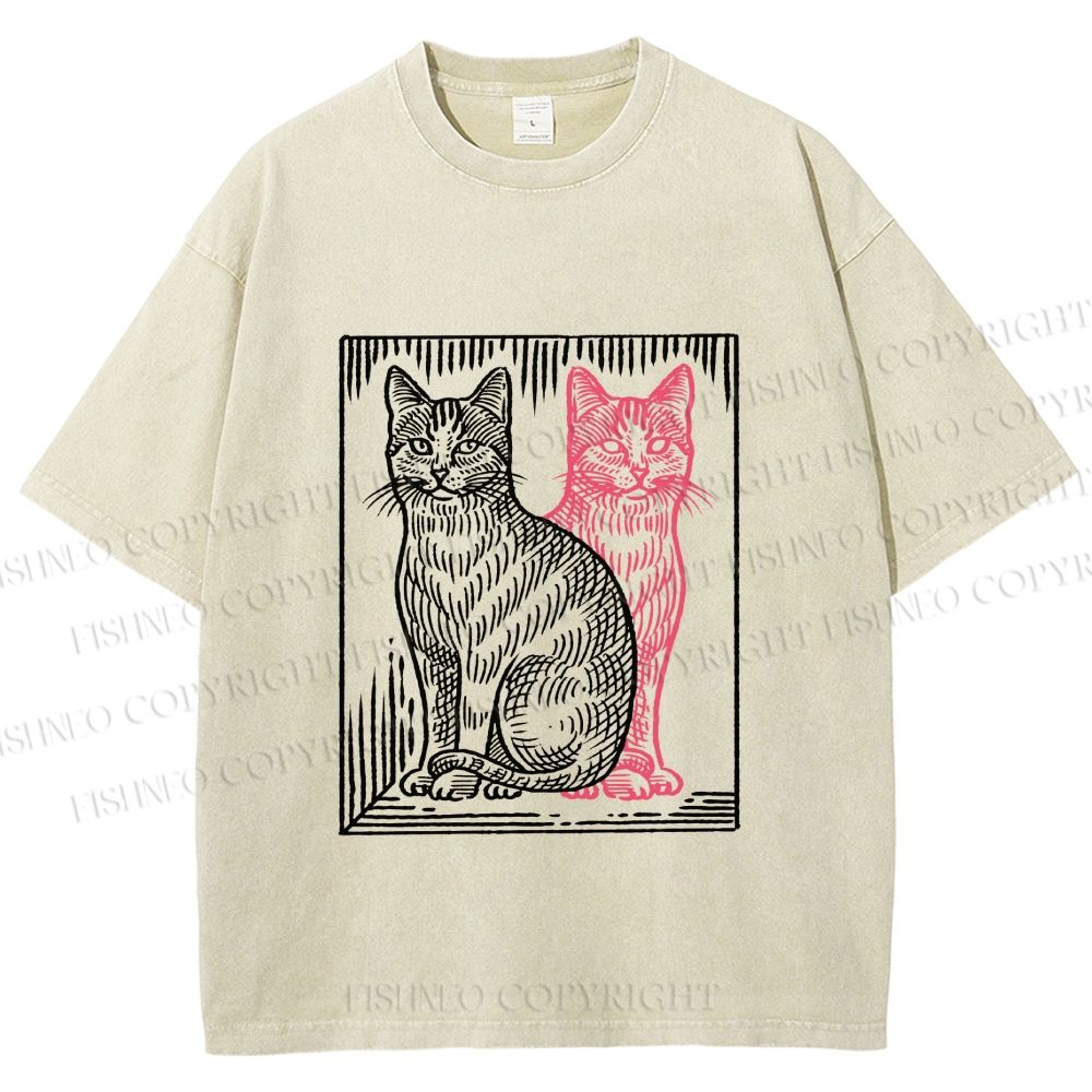 Unisex Vintage Cat with Shadows Printed Washed Tee
