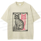 Unisex Vintage Cat with Shadows Printed Washed Tee