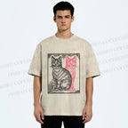Unisex Vintage Cat with Shadows Printed Washed Tee