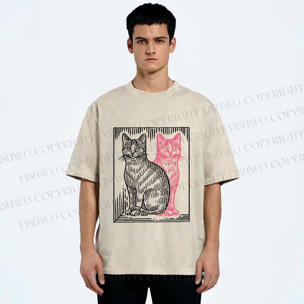 Unisex Vintage Cat with Shadows Printed Washed Tee