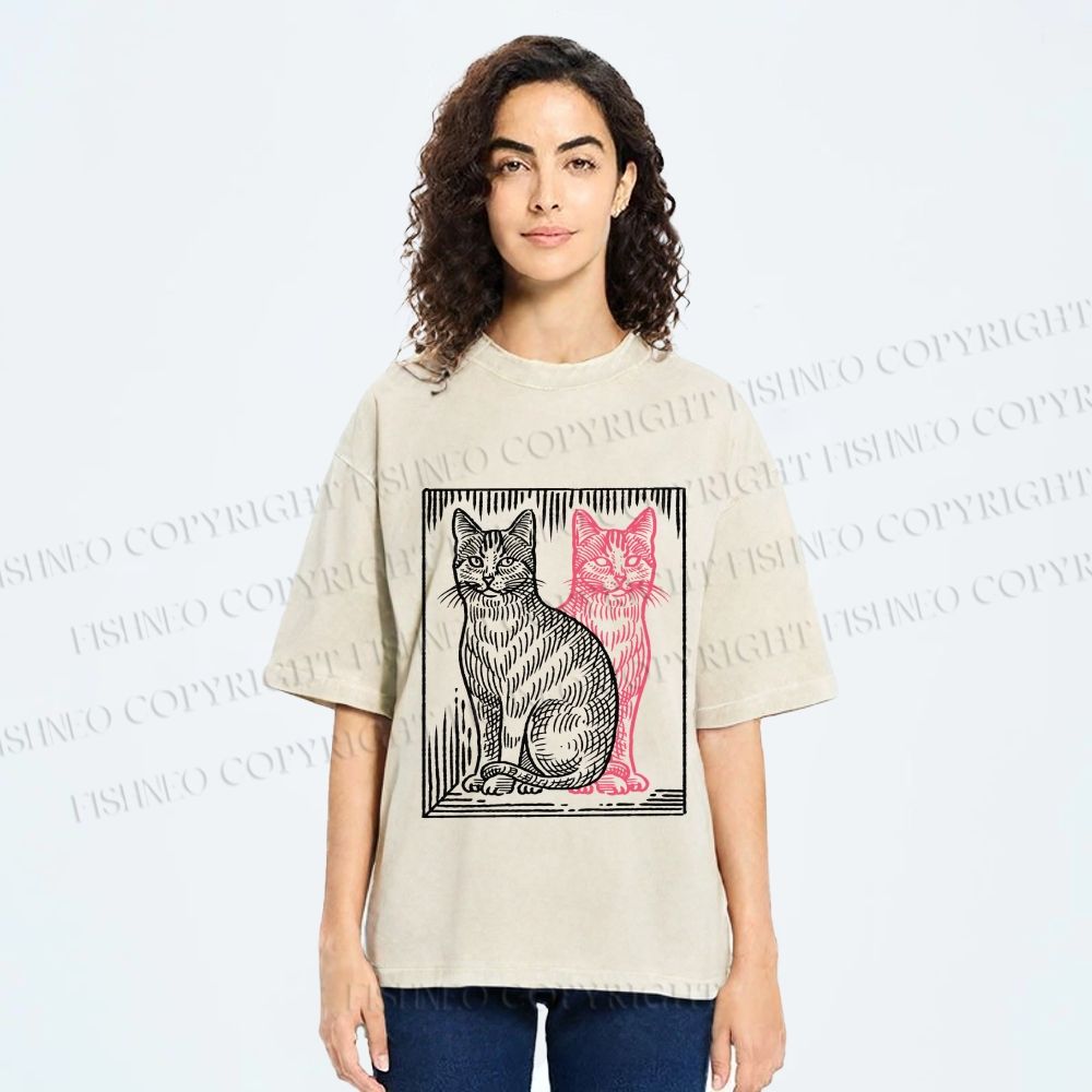 Unisex Vintage Cat with Shadows Printed Washed Tee