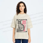 Unisex Vintage Cat with Shadows Printed Washed Tee