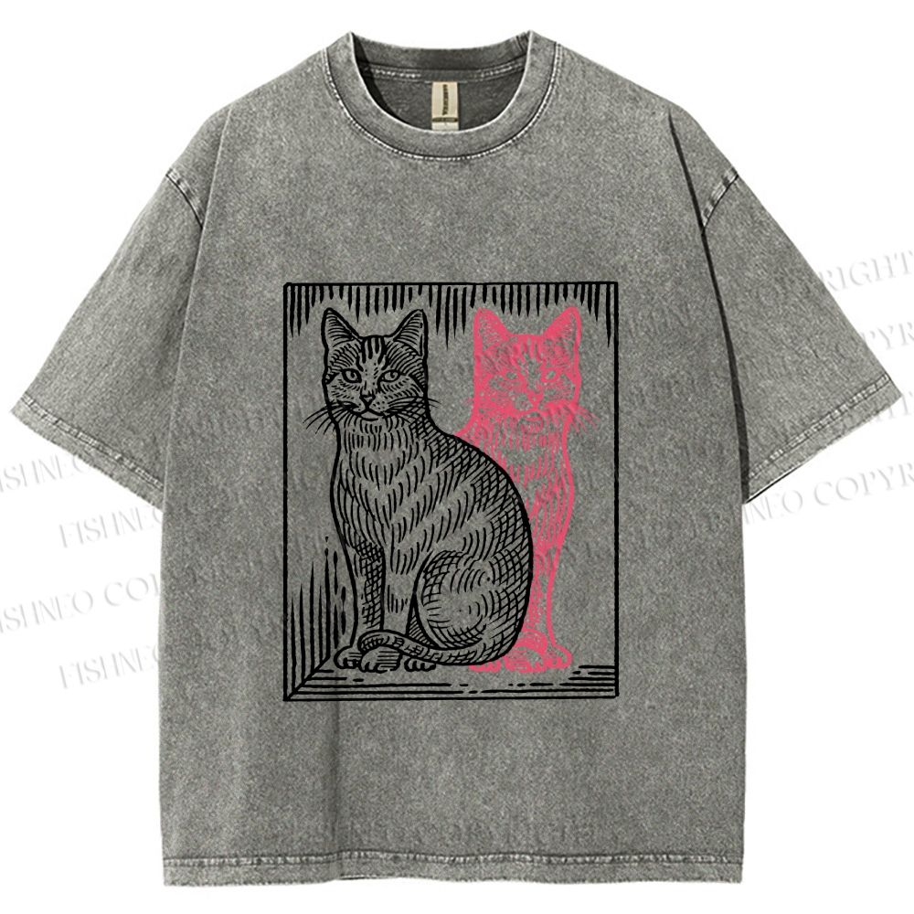 Unisex Vintage Cat with Shadows Printed Washed Tee