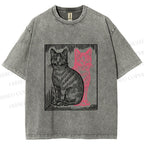 Unisex Vintage Cat with Shadows Printed Washed Tee
