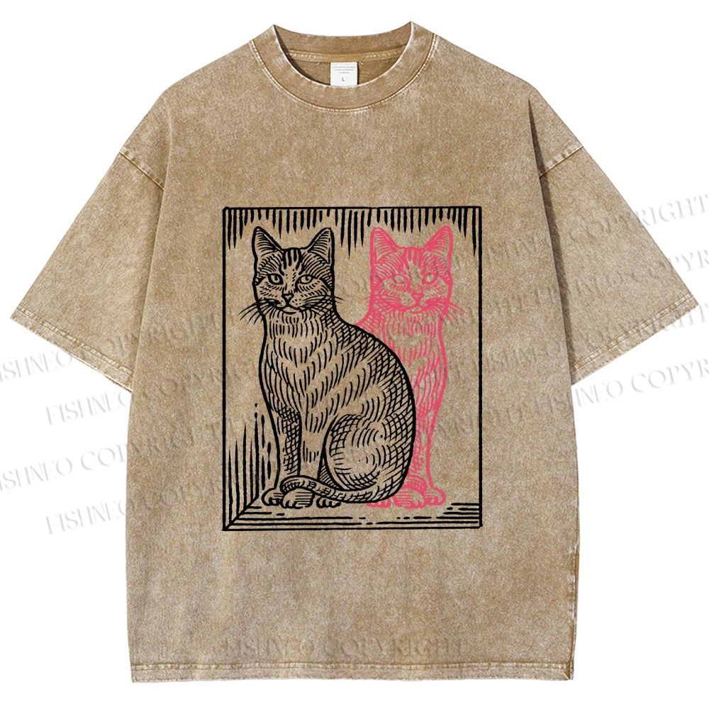 Unisex Vintage Cat with Shadows Printed Washed Tee